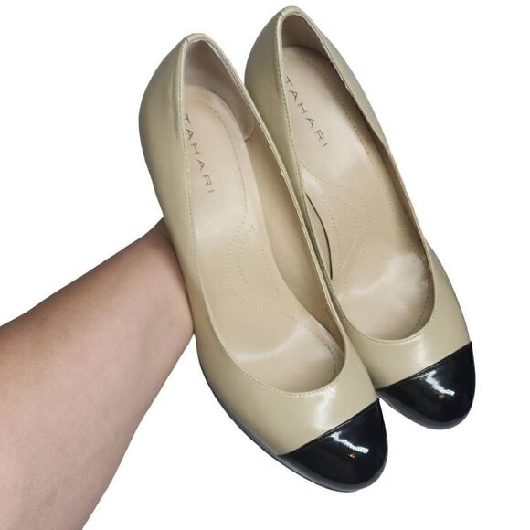 Tahari Women's Laura Tan & Black Colorblock Stiletto Pump Heels Size 7.5 - Picture 1 of 11